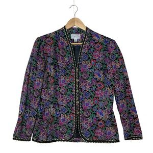 ADRIANNA PAPELL sz 10 Silk Blazer Multicolor Abstract Floral Black Gold +